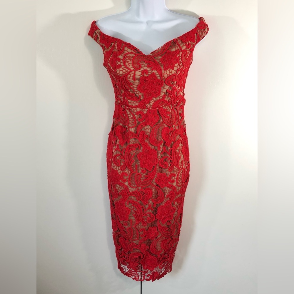 NWT- MISSGUIDED Red Lace Overlay Midi. Sz M